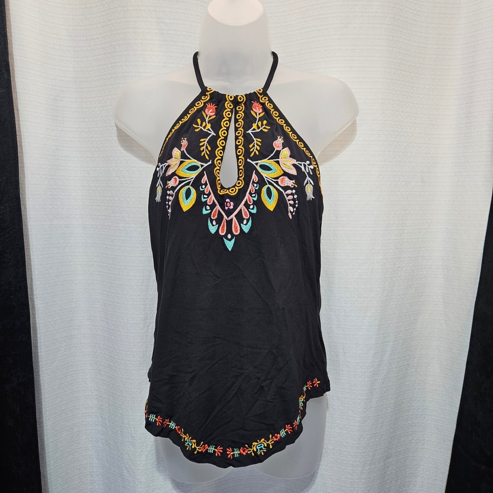 Gibson Latimer Black Embroidered Halter Neck Keyhole Tank Top Size S swim beach